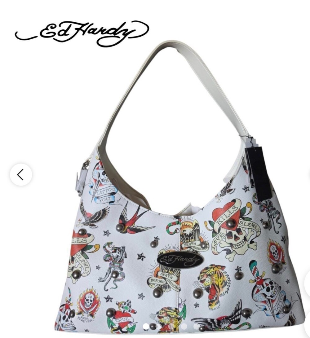 Ed Hardy White Tattoo Print large Handbag with Studs and
